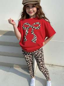 Sparklyn 女童豹纹蝴蝶结设计休闲 T 恤和长裤套装