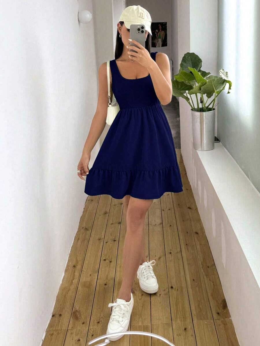 SHEIN Unity 女士纯色罗纹拼接无袖上衣和连衣裙 - 藏蓝色 - 查看 1