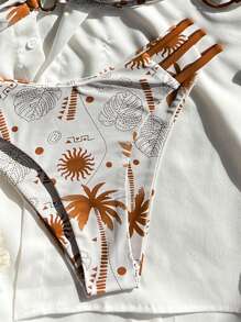 SHEIN 2pcs Coconut Tree Pattern Twist Side Cut-Out Bikini Set, Swimwear For Ladies Beach Holiday - Multicolor - View 4