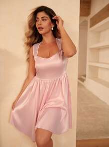 Flirla Plus Size Women Heart Hollow Pearl Decor Mini Bodycon Pink Dress, Summer - Pink - View 3