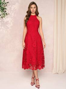 Amorya Women's Red Lace Valentine's Day Halter Dress Fashion Business Casual Woman  Going Out Dresss Women  Summer Outfits For Women,Summer Outfits For Women,Sundress,Spring Break,Lace Floral Dress  Wedding Guest Dress Women