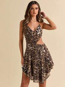 SHEIN BAE Vestido asimétrico Nimi elegante, con estampado de leopardo, de espalda descubierta para mujer, ideal para vacaciones en la playa, conciertos, actuaciones, festivales de música, atuendos de conciertos campestres, atuendos de club, atuendos sensuales - Multicolor - Ver 4