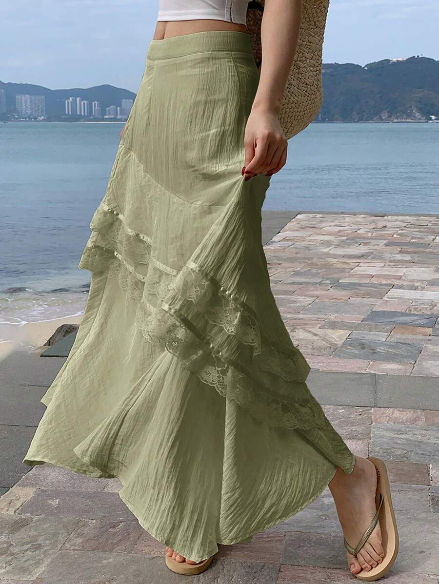 DAZY Women's Solid Color Patchwork Ruffle Hem Boho Style Green Long Skirt, Summer Vacation Outfits Women Cruise Outfit For Women - Green - View 1