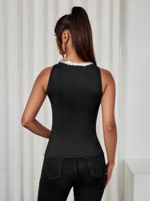 SHEIN LUNE Women's Elegant Sexy Sleeveless Black Knit Fabric Tank Top, Fitted, Round Neck With Silver Sequins Decor On Keyhole Neckline, Spring/Summer