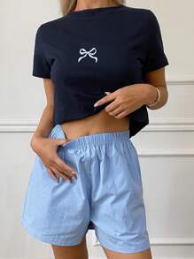 Livesso Bộ đồ ngủ áo thun ngắn in nơ dễ thương & quần short màu trơn cho nữ - Màu xanh hải quân - Xem 3