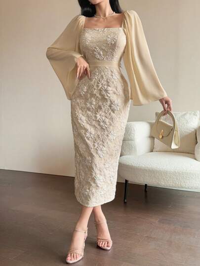 DAZY Women's Elegant Long Sleeve Midi Dress With Jacquard Square Collar, Suitable For Spring/Fall Events Elegant,Formal Women Dresses Luxury Prom Dress