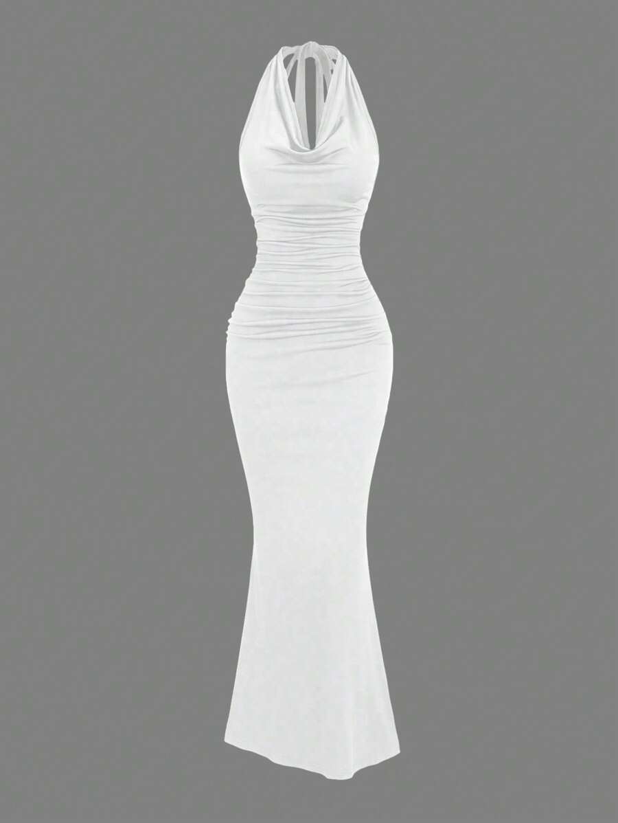 SHEIN Unity 女士黑色垂坠领口紧身美人鱼连衣裙，派对 - 白色 - 查看 1