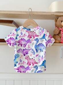 SHEIN Happikins Cute Colorful Cartoon Dinosaur Print, Young Girl Casual Minimalist Round Neck Short Sleeve T-Shirt, Suitable For Summer - Multicolor - View 3