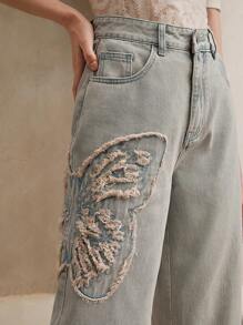 Anewsta 女士优雅时尚刺绣直筒牛仔裤 - 藍色 - 查看 2