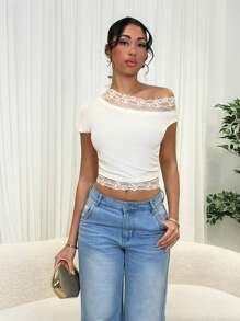 Glamine Women Contrast Lace Asymmetrical Shoulder Casual Basic Daily Slim Fit T-Shirt,Spring/Summer, Easter,Graduation,Summer,Spring,Country Concert,Club Women Sexy Top,Vacation - Apricot - View 6