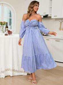 KURAYIA Gaun Midi Lengan Panjang Off Shoulder Motif Kotak-kotak dengan Ikatan Depan untuk Wanita Ukuran Plus, Cocok untuk Acara Brunch - Baby Blue - View 6