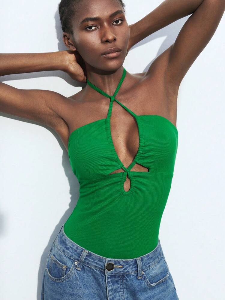 SHEIN Maija 2015 Summer New Fashionable Elegant Business Casual Graduation Season Brunch Wedding Guest Everyday Versatile Front Mid Tunnel Drawstring Criss-Cross Adjustable Waist Bodysuit, Bohemian Vacation Sexy Vibe, Green, Suitable For Easter Music Festival