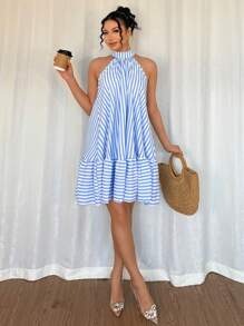 Breezaya Elegante vestido de vacaciones sin mangas con cuello halter y volantes a rayas, primavera/verano - Azul y blanco - Ver 5