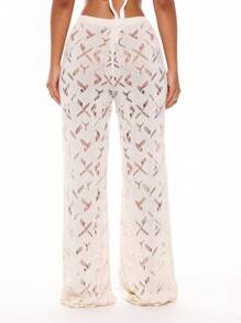 Musera Resort Mid Rise Crochet Fitted Flared Trousers Summer Spring Holiday Vacation Sexy Club Ibiza Beachwear Nanoscopic Hen Do Wedding Bridal Bachelorette - Cream - View 4