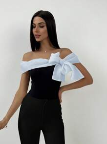 Firerie Women's Sleeveless Contrast Color Bodysuit With Off Shoulder Design - Baby Blue - View 4