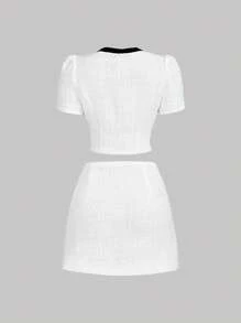 SHEIN Serisse Kids Conjunto elegante de 2 piezas para niña preadolescente, con blusa de tela de tweed con decoración de lazos y botones de perlas imitadas, y falda corte A, estilo dama elegante francés, para volver al colegio