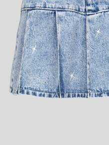 Tween Girls Fashion Light Blue Denim Washed Rhinestone Pleated Casual Elastic Waist Girls Denim Skirt