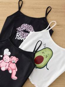 Dozemod 6 件 Tween Girl 可爱简约熊、牛油果、豹纹图案无袖上衣和宽松休闲短裤睡衣套装 - 彩色 - 查看 5