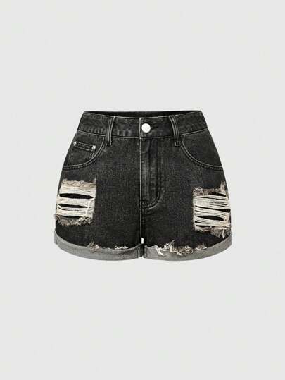Grunge Punk Punk Music Festival Ripped Washed Asymmetrical Hem Versatile Black & Grey Mini Denim Shorts, Casual Street Style