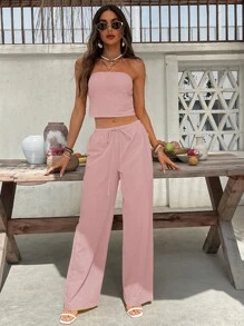 SHEIN VCAY 2 件套纯色吊带背心和高腰阔腿裤套装女士 - 粉色 - 查看 7