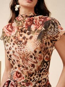 Anewsta 女士优雅现代领豹纹性感系带前收腰半透明优雅雪纺 T 恤上衣，适合夏季、假日、优雅、节日、度假、休闲 - 棕色 - 查看 2