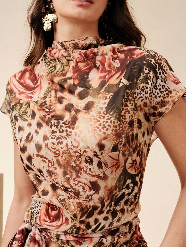 Women Elegant Modern Collar Leopard Print Sexy Tie Front Cinched Waist Semi Sheer Elegant Chiffon T-Shirt Blouse Tops, Suitable For Summer, Holiday, Elegant, Festival, Vacation, Casual