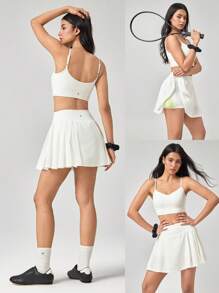 GLOWMODE Falda con pantalones cortos incorporados, control del abdomen, plisada a los lados, de secado rápido y con absorción de sudor, con bolsillos laterales y agarre antideslizante, apta para tenis, golf, pickleball y uso diario - Blanco - Ver 8