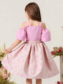 2 sztuki/zestaw Tween Girls Elegancki top z rękawami motylkowymi i spódnicą w kwiaty, różowy, letni - Różowy - Zobacz 2