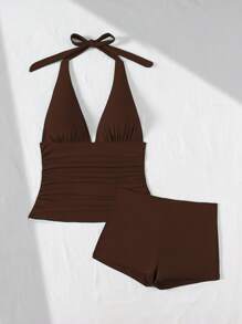Swim Vcay Solid Color Halter Tankini Set For Beach/Vacation For Summer
