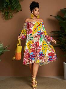 Maweii Váy du lịch hở vai họa tiết nhiệt đới cỡ lớn - Nhiều màu - Xem 1