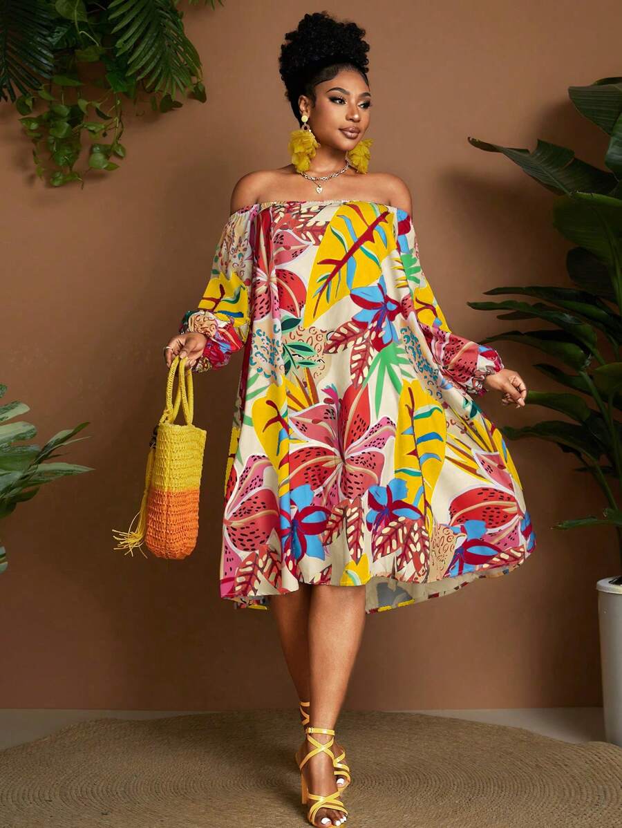 Maweii Váy du lịch hở vai họa tiết nhiệt đới cỡ lớn - Nhiều màu - Xem 1