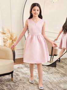 SHEIN 青少年女孩度假复古风格圆领无袖后背 V 领连衣裙，配有圆领披肩 - 藕粉色 - 查看 4