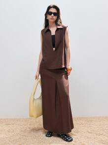 LYSMO Conjunto de 2 piezas de top sin mangas de cuello en V profundo en color marrón sólido y falda midi con bolsillos largos, de tela de lino cómoda, estilo casual de vacaciones, estilo de dinero antiguo, atuendo de viajero urbano, uso diario, uso de oficina.