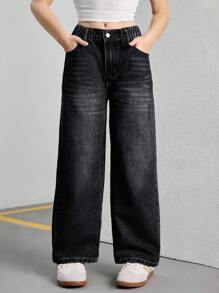 SHEIN Sparklyn Streetcool Tween Girl 复古宽松阔腿牛仔裤，休闲直筒牛仔裤 - 黑色 - 查看 3