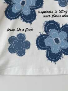 SHEIN 可爱花卉印花年轻女孩休闲圆领短袖 T 恤，适合夏季