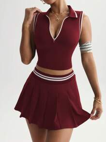 Easithlete 女士撞色边饰背心和褶皱迷你裙瑜伽运动套装