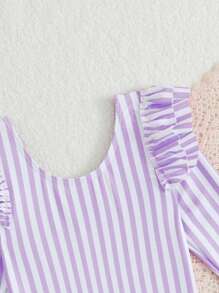 Young Girl Striped Ruffle One-Piece Swimsuit, Vacation/Beach - Purple - View 6