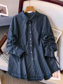 SHEIN LUNE Women Plus Size Striped Print Front Button Drawstring Long Sleeve Blouse Fall Cloth For Women