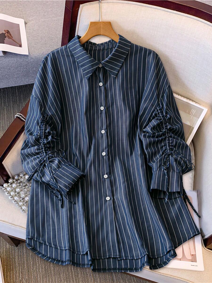 SHEIN LUNE Women Plus Size Striped Print Front Button Drawstring Long Sleeve Blouse Fall Cloth For Women