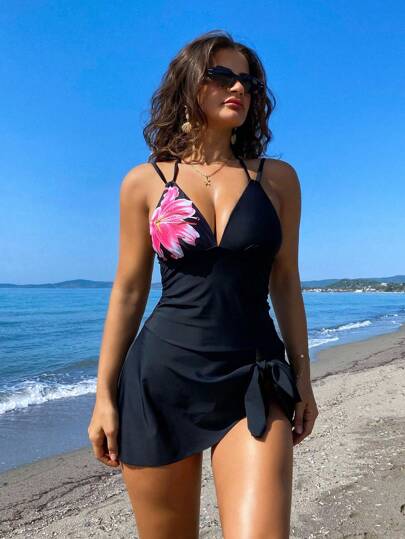 Swim Vcay Women's Black Floral Print Patchwork Bikini Set, Elegant, Form-Fitting, Sexy Retro Casual High Waisted Two Pieces Swimsuit For Summer Beach Vacation