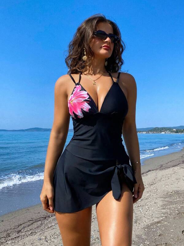 Swim Vcay Conjunto de bikini con estampado floral negro, parches, elegante, de ajuste ceñido, sexy, de estilo retro casual, de cintura alta, de dos piezas