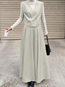 FRIFUL Women Two Pieces Casual Set - Solid Color Double-Breasted Vest And Midi Skirt - Beige - View 5