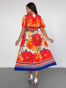 Flirla Plus Size Women's Colorful Floral Elegant Beach Party Tie-Waist Maxi Dress, Spring/Summer - Multicolor - View 2