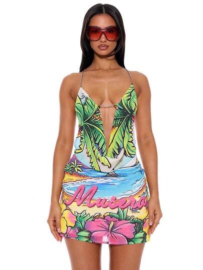 Musera Resort Cowl Neck Plunge Front Graphic Print Hawaiian Cut Out Back Mini Dress Summer Spring Holiday Vacation Sexy Club Ibiza Beachwear Festival Rave Nanoscopic