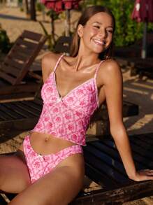 Swim Mod 2pcs/Set Maternity Floral Print Spaghetti Strap V-Neck Ruffle Bow Decor Tank Top Bikini For Summer Beach Vacation - Multicolor - View 6