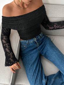 Siren Gaze Women's Elegant Solid Color Jacquard Off Shoulder Cropped T-Shirt Winter Chic Black Casual Spring - Black - View 4