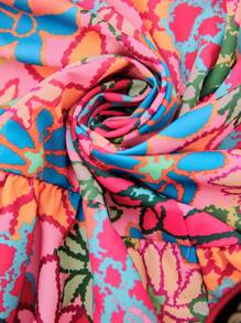 SHEIN LUNE Plus Size Floral Print Shirred Detail Long Vacation Casual Dress Boho Summer Midsummer Day Outfit Graduation Dress Wedding Guest Dress Women Vacation Outfits Woman Beach Outfits For Woman Festival Sundress Birthday Dresses For Women Pride Day - Pink - View 7