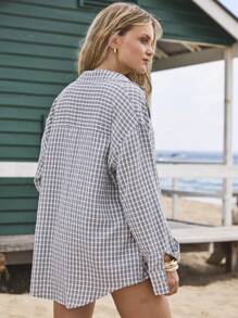 Aralina Women Plaid Check Oversized Button Up Vacation Grunge Shirt Beach Cover Up - Black - View 4