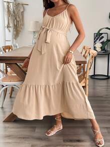 SHEIN Pregnant Women Solid Color Casual Holiday Sleeveless Dress Maternity Dress - Khaki - View 6