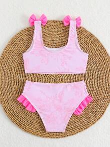 SHEIN Young Girls Bikini Sets Cute Pink Butterfly Floral Print Shoulder Bow Underpants Peplum Swimsuit Fashion Casual Dainty Gorgeous Lady Swimsuit For Swimming For Vacation For Summer Kids Swimming ,Kids Beachwear - Pink - View 3